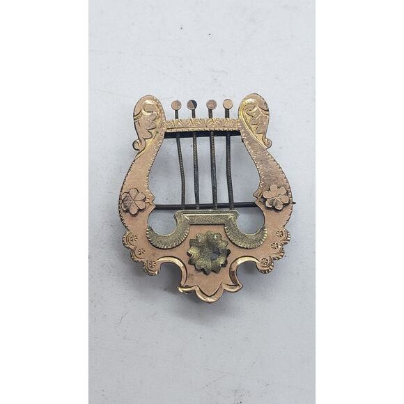 Vintage Antique Victorian Lyre Harp Brooch Pin Floral Etched Music - Picture 1 of 7